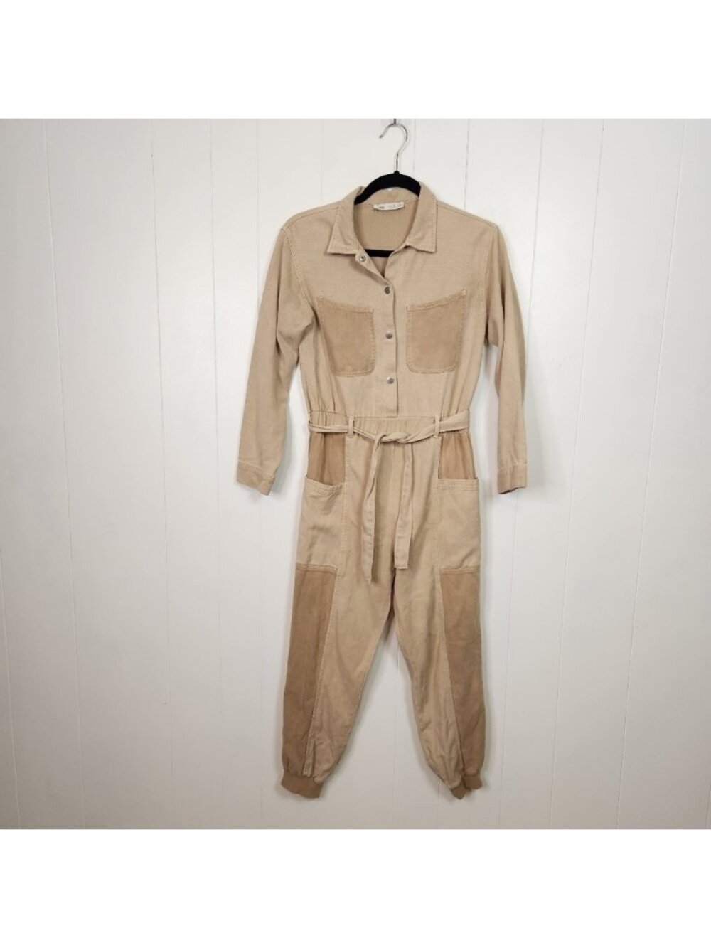 Zara Girls One piece Jumpsuit Union Suit Pants Long Sleeve Utility Beige 11 12